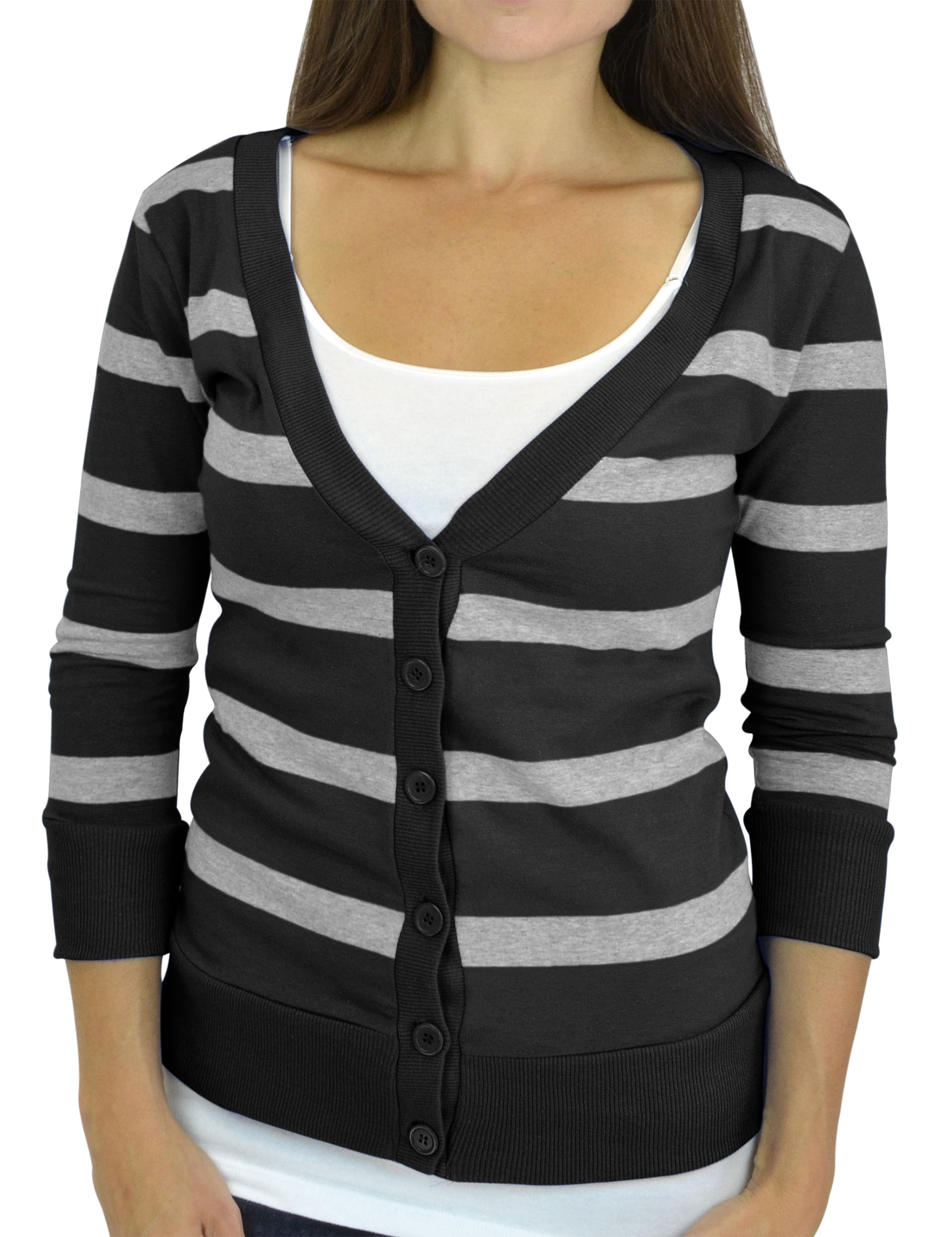 Belle Donne - Women / Girl Junior Size Soft 3/4 Sleeve V-Neck Sweater Cardigans - Charcoal/Medium