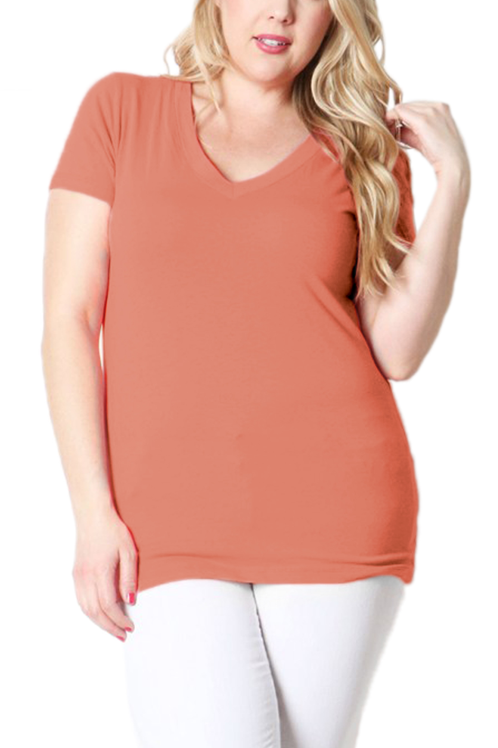 Belle Donne- Women's Short Sleeve V-neck T-shirt Plus Size -Dusty Pink/X-Large